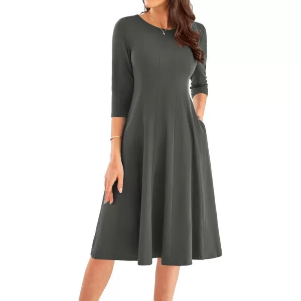 imageGRACE KARIN Womens 2024 Fall Trendy Crew Neck 34 Sleeve A Line Flowy Casual Midi Dress with PocketsDark Grey