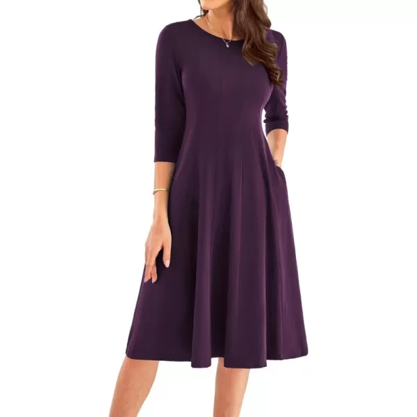 imageGRACE KARIN Womens 2024 Fall Trendy Crew Neck 34 Sleeve A Line Flowy Casual Midi Dress with PocketsDark Purple