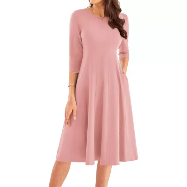 imageGRACE KARIN Womens 2024 Fall Trendy Crew Neck 34 Sleeve A Line Flowy Casual Midi Dress with PocketsDusty Pink