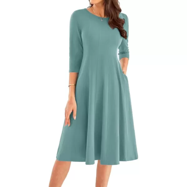 imageGRACE KARIN Womens 2024 Fall Trendy Crew Neck 34 Sleeve A Line Flowy Casual Midi Dress with PocketsLake Blue