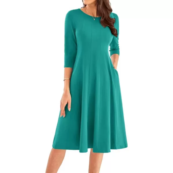 imageGRACE KARIN Womens 2024 Fall Trendy Crew Neck 34 Sleeve A Line Flowy Casual Midi Dress with PocketsLake Green