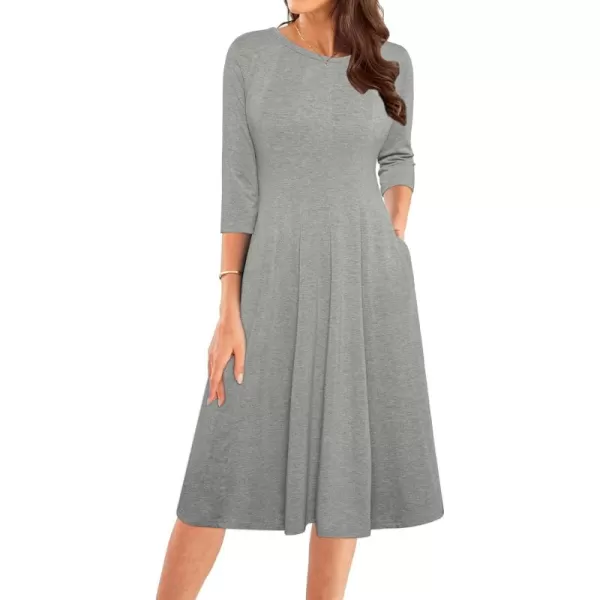 imageGRACE KARIN Womens 2024 Fall Trendy Crew Neck 34 Sleeve A Line Flowy Casual Midi Dress with PocketsLight Grey