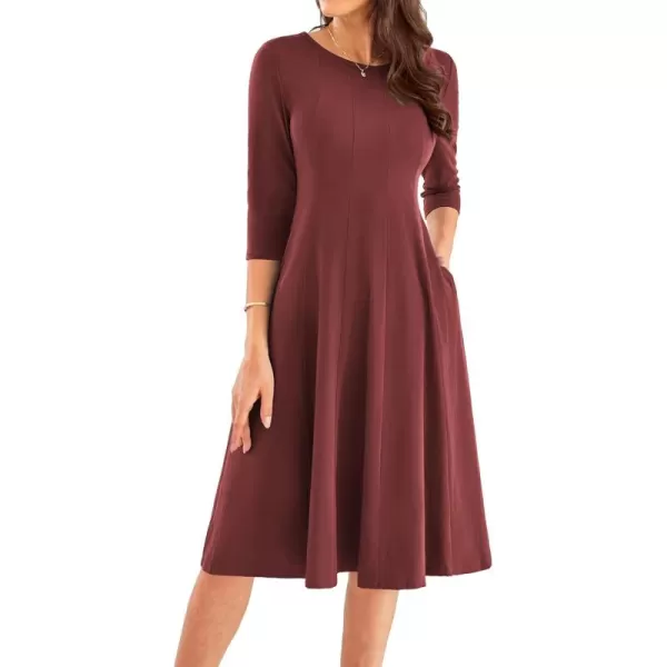 imageGRACE KARIN Womens 2024 Fall Trendy Crew Neck 34 Sleeve A Line Flowy Casual Midi Dress with PocketsMaroon