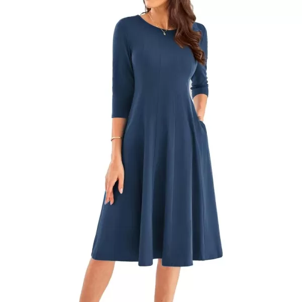 imageGRACE KARIN Womens 2024 Fall Trendy Crew Neck 34 Sleeve A Line Flowy Casual Midi Dress with PocketsNavy Blue