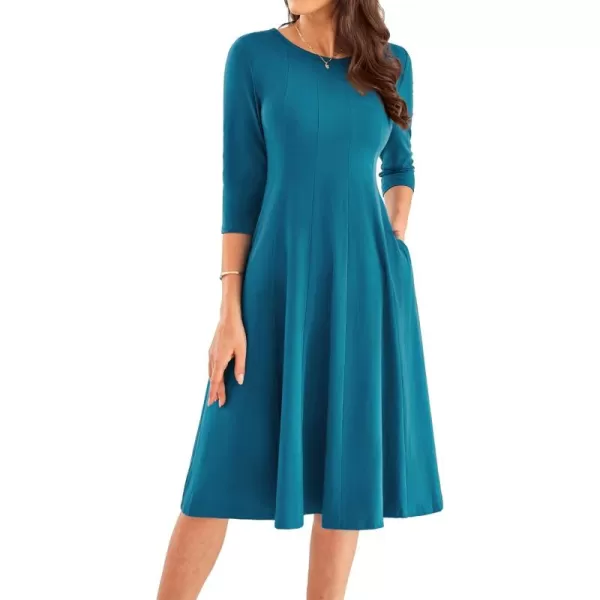 imageGRACE KARIN Womens 2024 Fall Trendy Crew Neck 34 Sleeve A Line Flowy Casual Midi Dress with PocketsPeacock Blue