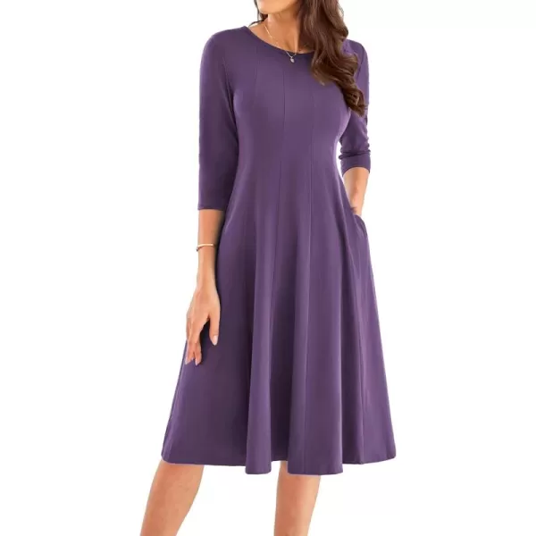 imageGRACE KARIN Womens 2024 Fall Trendy Crew Neck 34 Sleeve A Line Flowy Casual Midi Dress with PocketsPurple