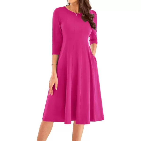 imageGRACE KARIN Womens 2024 Fall Trendy Crew Neck 34 Sleeve A Line Flowy Casual Midi Dress with PocketsRose Red