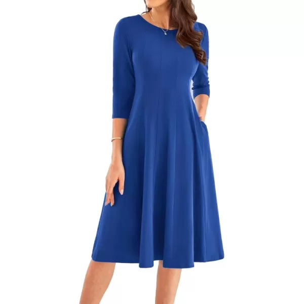 imageGRACE KARIN Womens 2024 Fall Trendy Crew Neck 34 Sleeve A Line Flowy Casual Midi Dress with PocketsRoyal Blue