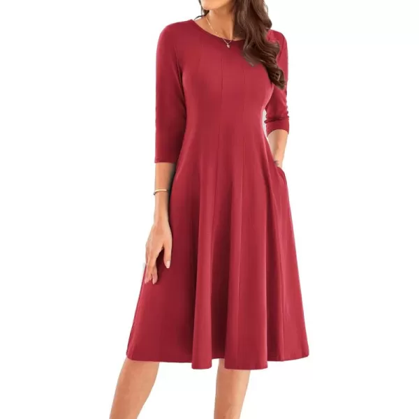 imageGRACE KARIN Womens 2024 Fall Trendy Crew Neck 34 Sleeve A Line Flowy Casual Midi Dress with PocketsWine Red