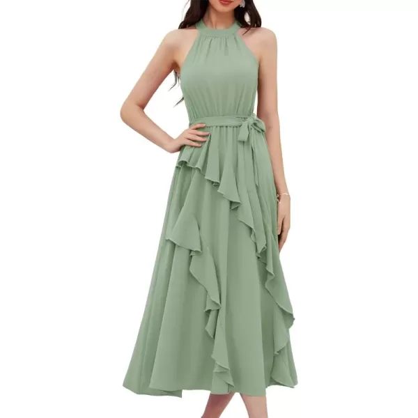 imageGRACE KARIN Womens 2024 Summer Sleeveless Halter Neck Ruffle Hem Split Flowy Swing Long Midi Dress with BeltLight Green