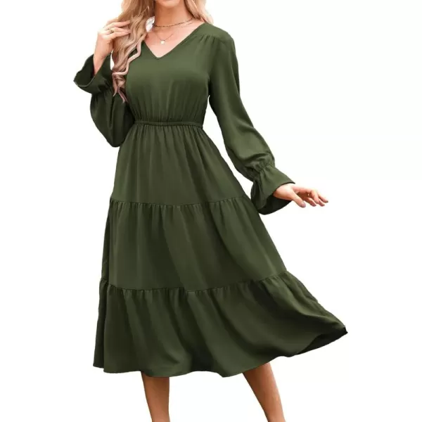 imageGRACE KARIN Womens Casual Long Sleeve Fall Dresses 2024 V Neck Ruffle Tiered A Line Flowy Wedding Guest Dress Boho DressArmy Green