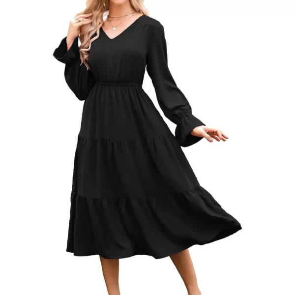 imageGRACE KARIN Womens Casual Long Sleeve Fall Dresses 2024 V Neck Ruffle Tiered A Line Flowy Wedding Guest Dress Boho DressBlack