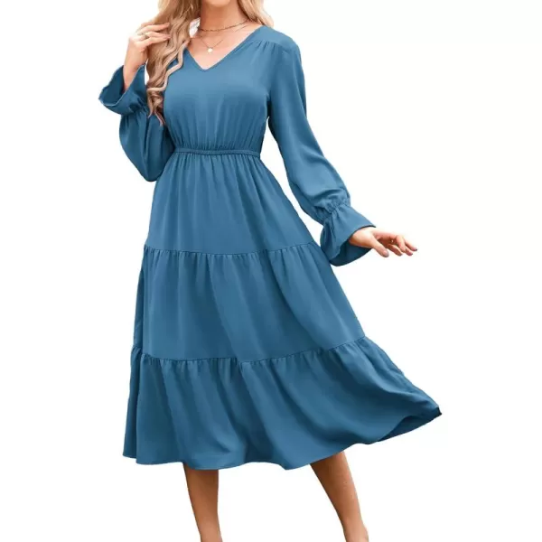 imageGRACE KARIN Womens Casual Long Sleeve Fall Dresses 2024 V Neck Ruffle Tiered A Line Flowy Wedding Guest Dress Boho DressBlue