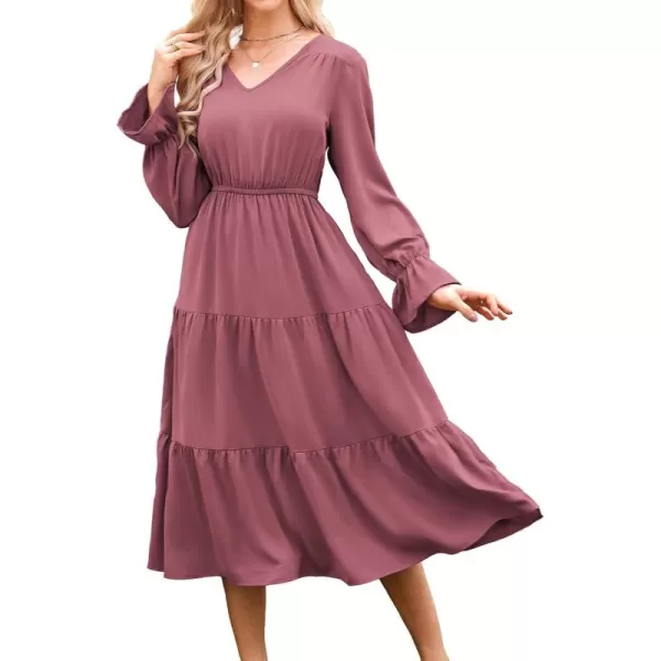 imageGRACE KARIN Womens Casual Long Sleeve Fall Dresses 2024 V Neck Ruffle Tiered A Line Flowy Wedding Guest Dress Boho DressDark Pink