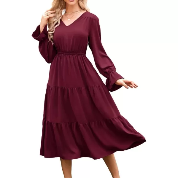 imageGRACE KARIN Womens Casual Long Sleeve Fall Dresses 2024 V Neck Ruffle Tiered A Line Flowy Wedding Guest Dress Boho DressWine Red