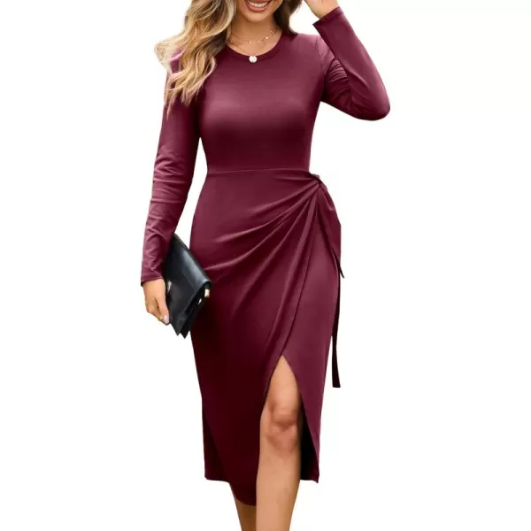 imageGRACE KARIN Womens Long Sleeve Dress 2024 Fall Casual Tie Waist Crew Neck Wrap Split Dresses Work Bodycon Midi DressWine Red