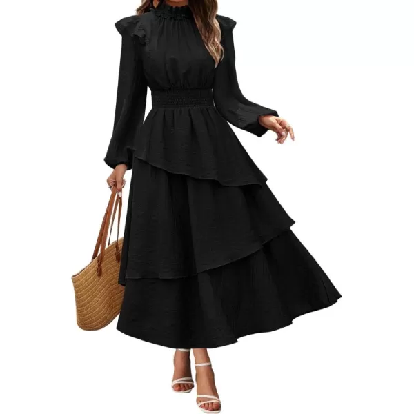 imageGRACE KARIN Womens Long Sleeve Fall Dresses 2024 Casual Ruffle Mock Neck Midi Wedding Guest Cocktail Flowy DressBlack