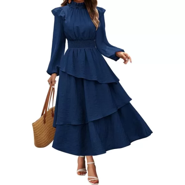 imageGRACE KARIN Womens Long Sleeve Fall Dresses 2024 Casual Ruffle Mock Neck Midi Wedding Guest Cocktail Flowy DressDark Blue