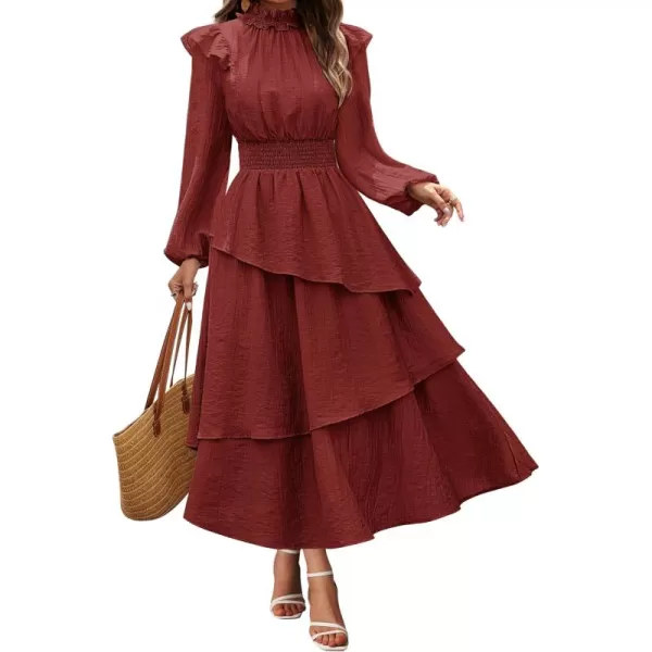 imageGRACE KARIN Womens Long Sleeve Fall Dresses 2024 Casual Ruffle Mock Neck Midi Wedding Guest Cocktail Flowy DressDark Red