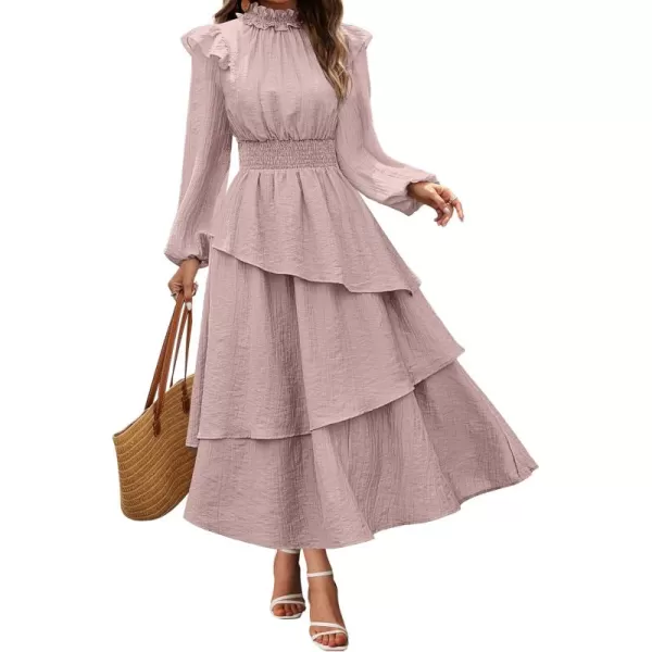 imageGRACE KARIN Womens Long Sleeve Fall Dresses 2024 Casual Ruffle Mock Neck Midi Wedding Guest Cocktail Flowy DressPink