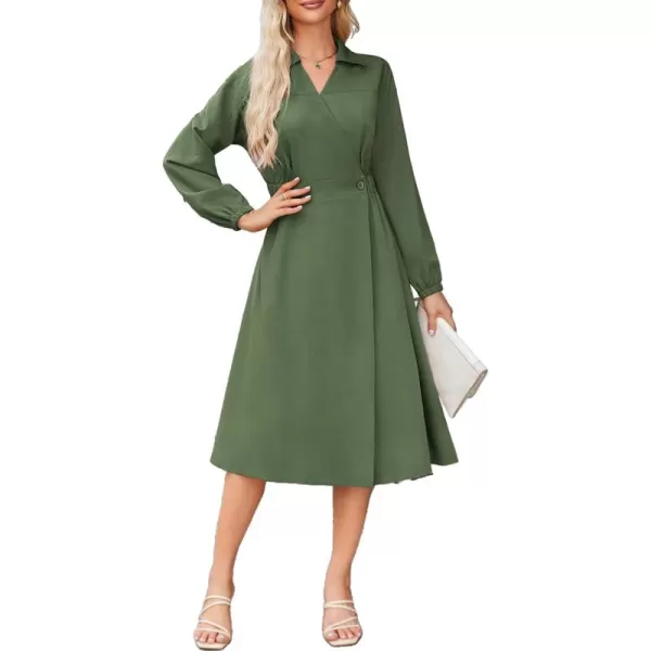 imageGRACE KARIN Womens Long Sleeve Wrap Dress Lapel V Neck Shirt Dress Casual A Line Midi Dress with Pockets BeltArmy Green