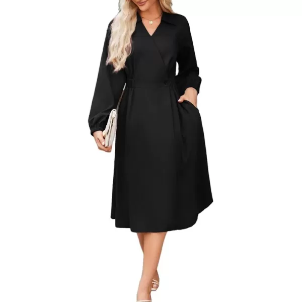 imageGRACE KARIN Womens Long Sleeve Wrap Dress Lapel V Neck Shirt Dress Casual A Line Midi Dress with Pockets BeltBlack