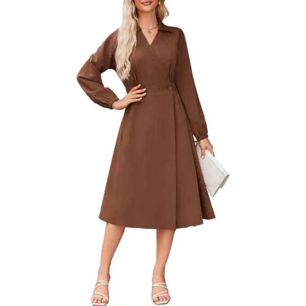 imageGRACE KARIN Womens Long Sleeve Wrap Dress Lapel V Neck Shirt Dress Casual A Line Midi Dress with Pockets BeltBrown