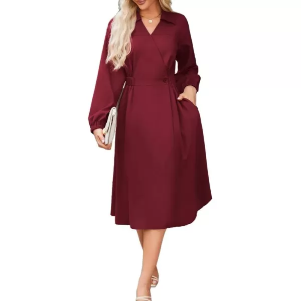 imageGRACE KARIN Womens Long Sleeve Wrap Dress Lapel V Neck Shirt Dress Casual A Line Midi Dress with Pockets BeltWine Red