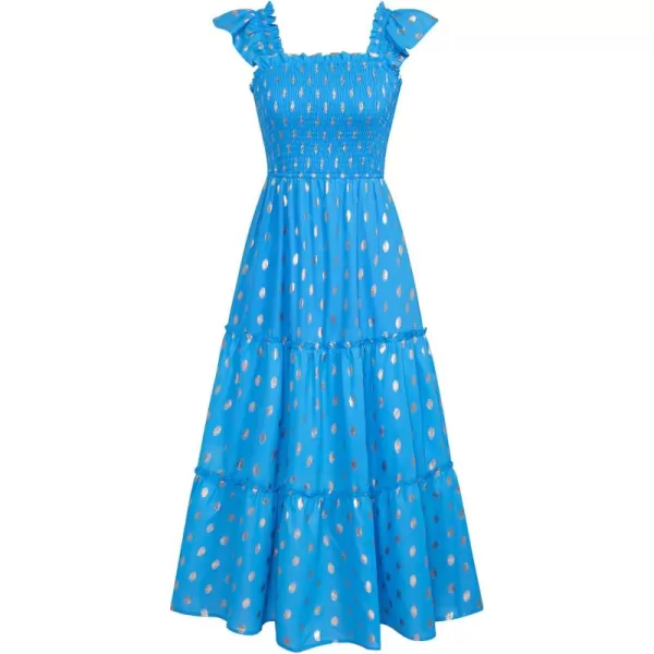 imageGRACE KARIN Womens Smocked Flowy Summer Dresses A Line Square Neck Flutter Sleeve Ruffle Tiered Polka Dot Cocktail DressSky Blue