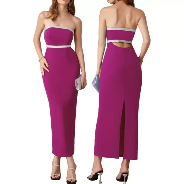 imageGRACE KARIN Womens Strapless Tube Dress Backless Bodycon Elegant Wedding Cocktail Party Maxi Long Dresses with Back SlitRose Purple