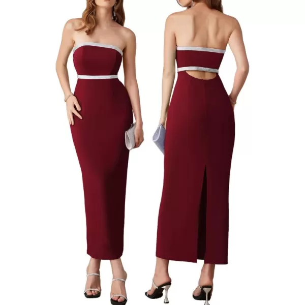 imageGRACE KARIN Womens Strapless Tube Dress Backless Bodycon Elegant Wedding Cocktail Party Maxi Long Dresses with Back SlitWine Red