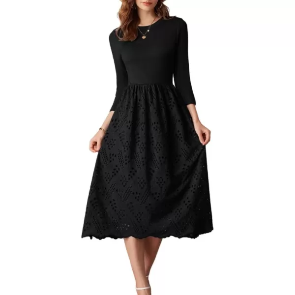 imageGRACE KARIN Womens Summer 34 Sleeve Dress with Pockets A Line Midi Eyelet Dress Empire Waist Casual Fall Flowy DressBlack