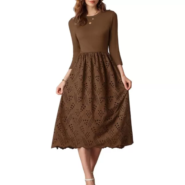 imageGRACE KARIN Womens Summer 34 Sleeve Dress with Pockets A Line Midi Eyelet Dress Empire Waist Casual Fall Flowy DressBrown