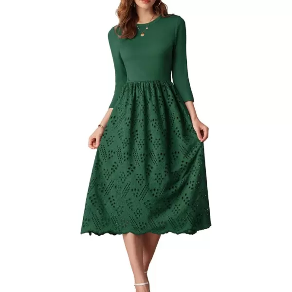 imageGRACE KARIN Womens Summer 34 Sleeve Dress with Pockets A Line Midi Eyelet Dress Empire Waist Casual Fall Flowy DressGreen