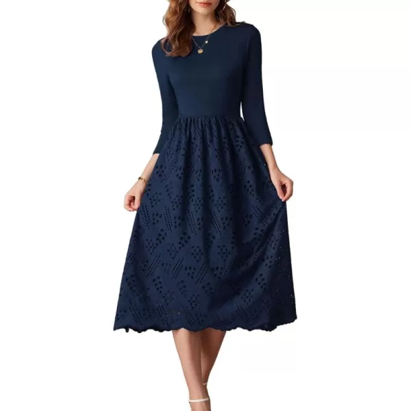 imageGRACE KARIN Womens Summer 34 Sleeve Dress with Pockets A Line Midi Eyelet Dress Empire Waist Casual Fall Flowy DressNavy Blue