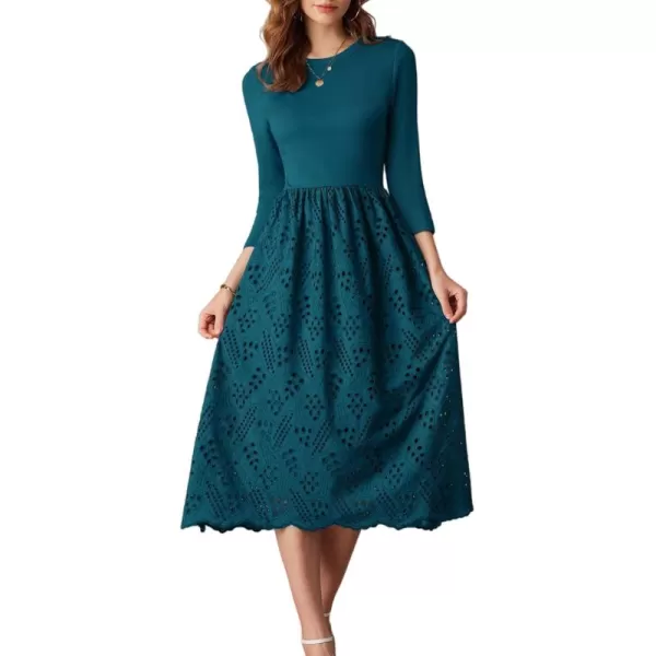 imageGRACE KARIN Womens Summer 34 Sleeve Dress with Pockets A Line Midi Eyelet Dress Empire Waist Casual Fall Flowy DressPeacock Blue