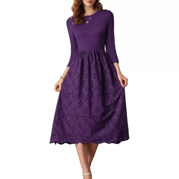 imageGRACE KARIN Womens Summer 34 Sleeve Dress with Pockets A Line Midi Eyelet Dress Empire Waist Casual Fall Flowy DressPurple