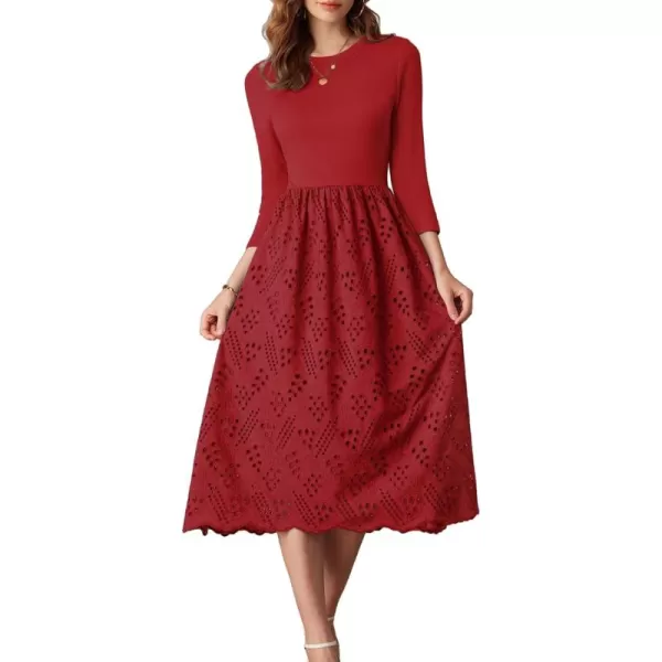 imageGRACE KARIN Womens Summer 34 Sleeve Dress with Pockets A Line Midi Eyelet Dress Empire Waist Casual Fall Flowy DressRed