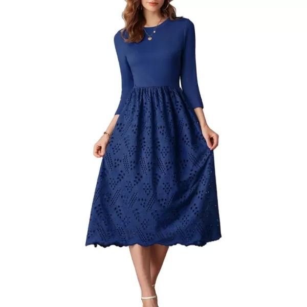 imageGRACE KARIN Womens Summer 34 Sleeve Dress with Pockets A Line Midi Eyelet Dress Empire Waist Casual Fall Flowy DressRoyal Blue