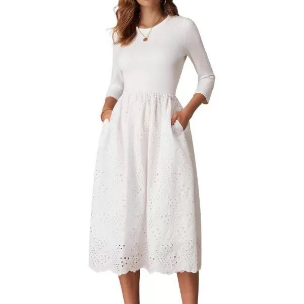 imageGRACE KARIN Womens Summer 34 Sleeve Dress with Pockets A Line Midi Eyelet Dress Empire Waist Casual Fall Flowy DressWhite