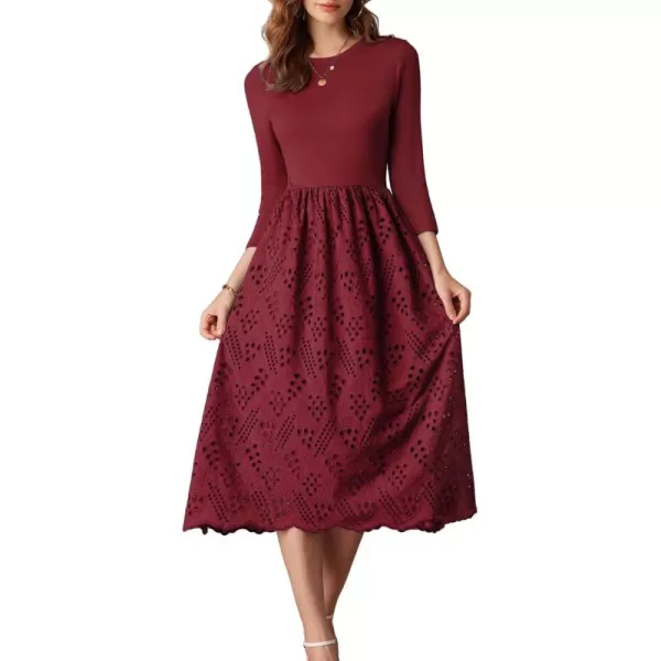 imageGRACE KARIN Womens Summer 34 Sleeve Dress with Pockets A Line Midi Eyelet Dress Empire Waist Casual Fall Flowy DressWine Red