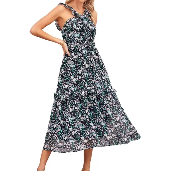 imageGRACE KARIN Womens Summer Boho Floral Tiered Dress Strap A Line Swing Flowy Midi Dress Ruffle Beach Wedding Guest DressFloral Black