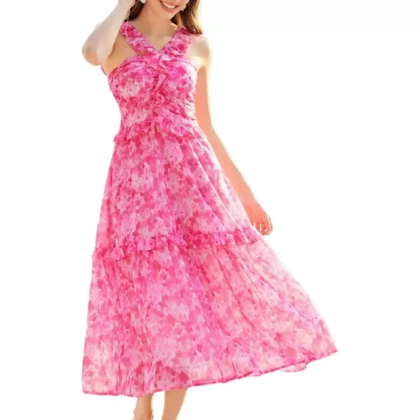 imageGRACE KARIN Womens Summer Boho Floral Tiered Dress Strap A Line Swing Flowy Midi Dress Ruffle Beach Wedding Guest DressFloral Pink