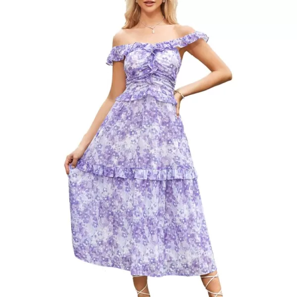 imageGRACE KARIN Womens Summer Boho Floral Tiered Dress Strap A Line Swing Flowy Midi Dress Ruffle Beach Wedding Guest DressFloral Purple