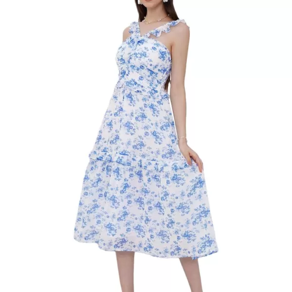 imageGRACE KARIN Womens Summer Boho Floral Tiered Dress Strap A Line Swing Flowy Midi Dress Ruffle Beach Wedding Guest DressPrint Blue Rose