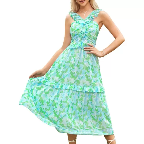 imageGRACE KARIN Womens Summer Boho Floral Tiered Dress Strap A Line Swing Flowy Midi Dress Ruffle Beach Wedding Guest DressPrint Green Blue