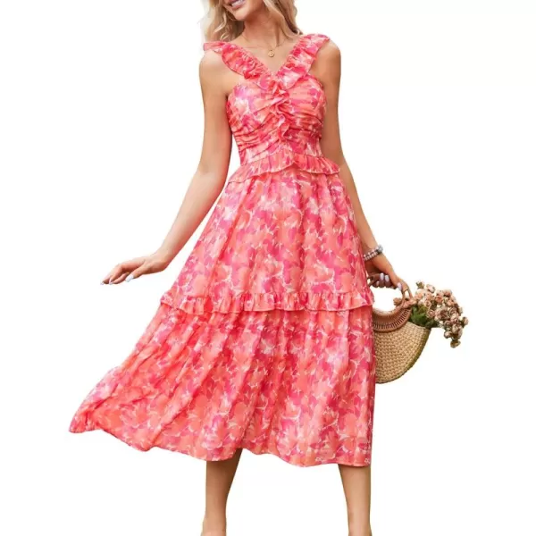 imageGRACE KARIN Womens Summer Boho Floral Tiered Dress Strap A Line Swing Flowy Midi Dress Ruffle Beach Wedding Guest DressPrint Orange Red