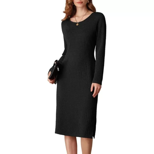 imageGRACE KARIN Womens Work Dresses Waffle Crewneck Long Sleeve Fall Midi Dress Side Slit Fitted Pencil DressBlack