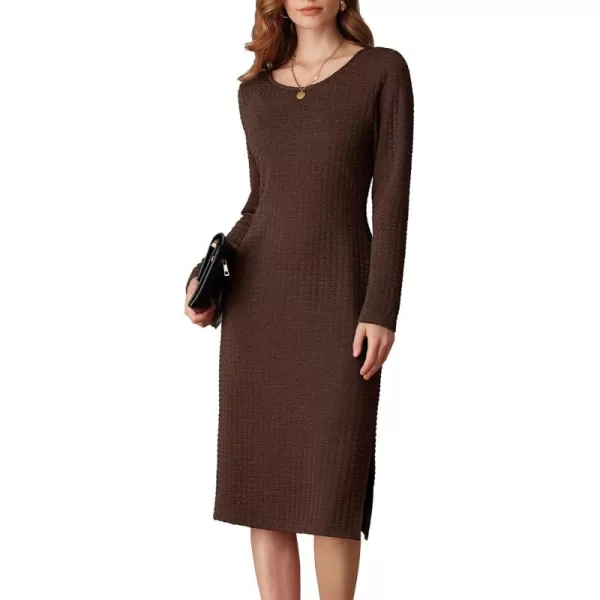 imageGRACE KARIN Womens Work Dresses Waffle Crewneck Long Sleeve Fall Midi Dress Side Slit Fitted Pencil DressBrown