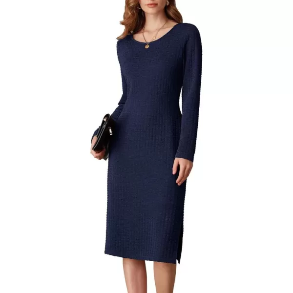 imageGRACE KARIN Womens Work Dresses Waffle Crewneck Long Sleeve Fall Midi Dress Side Slit Fitted Pencil DressNavy Blue